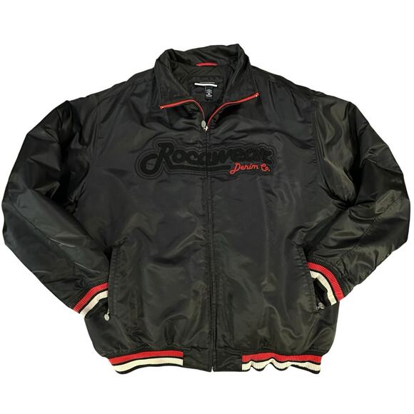 Rocawear VTG Y2K Men’s SZ 4X Black Satin Full Zip Bomber Jacket Embroidered Logo - Picture 1 of 16
